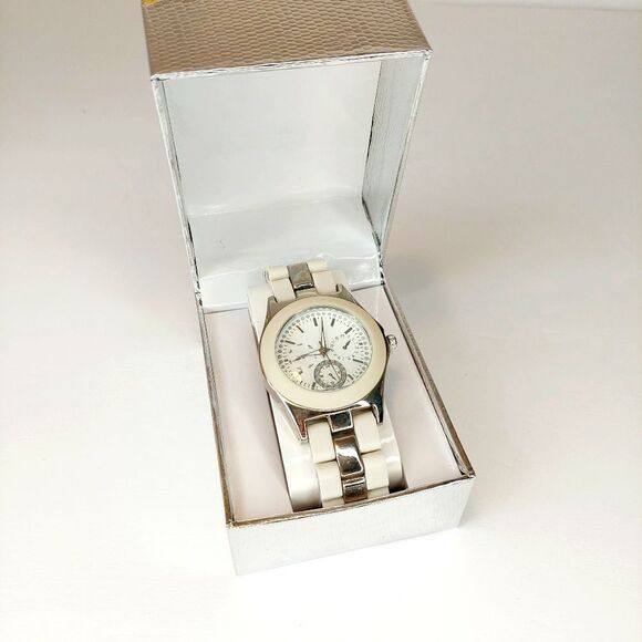 Accutime Ivory Silicone Faux Chronograph Watch w/ Crystal Accents - 8" B… - Picture 7 of 8